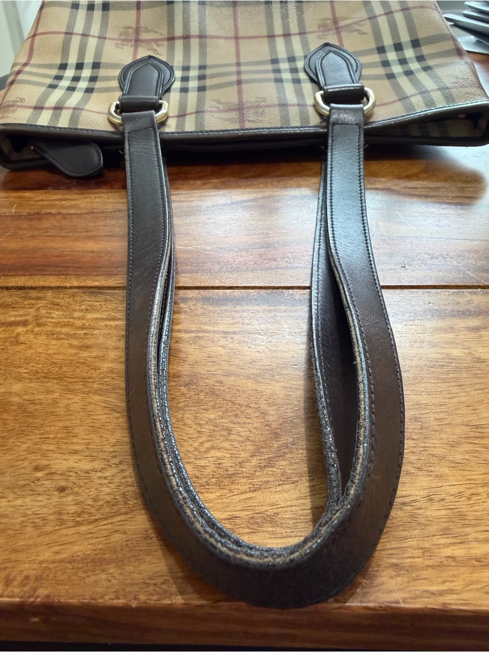 Burberry Beige Plaid Tote with Dark Brown Straps - Picture 4 of 6